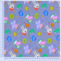Tela Jersey algodón de Peppa Pig y Emilie Elefante Fondo Gris  | Telas Lobo