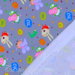 Tela Jersey algodón de Peppa Pig y Emilie Elefante Fondo Gris  | Telas Lobo