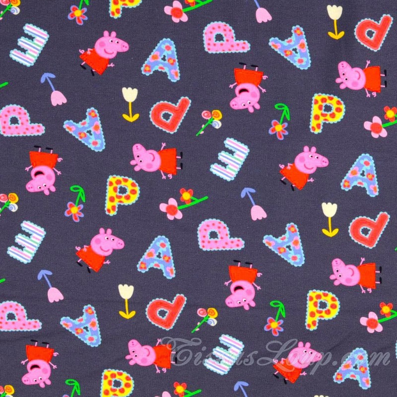 Tela Jersey algodón de Peppa Pig Fondo Gris Oscuro  | Telas Lobo