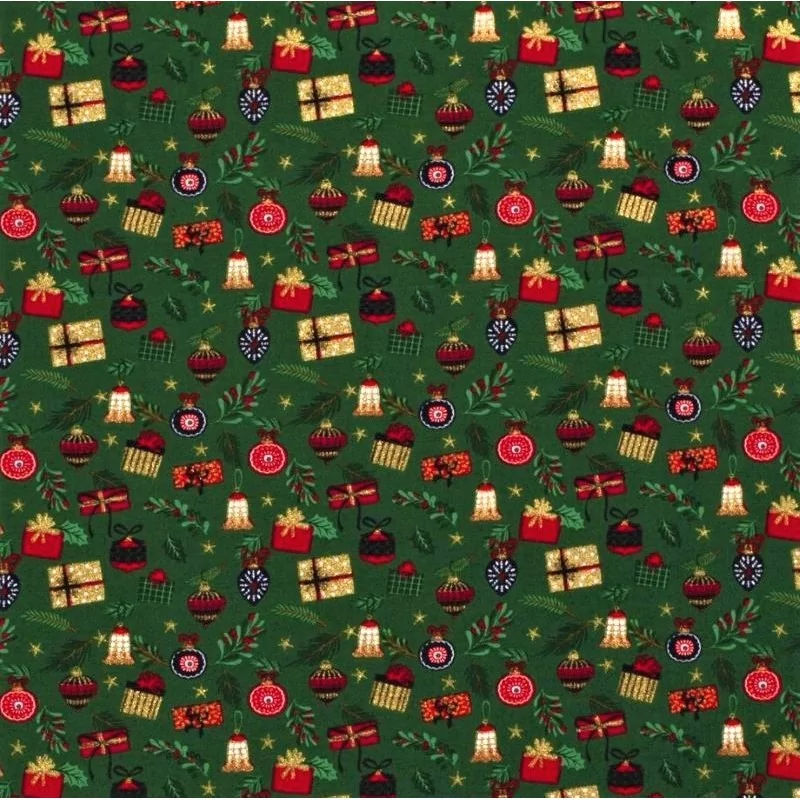 Tela de regalos y bolas de Navidad fondo verde | Telas Lobo