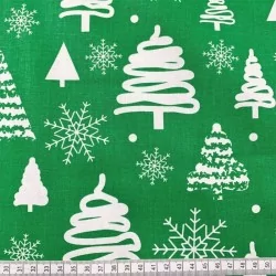 Tela de algodón árbol de navidad y copo de nieve fondo verde | Telas Lobo