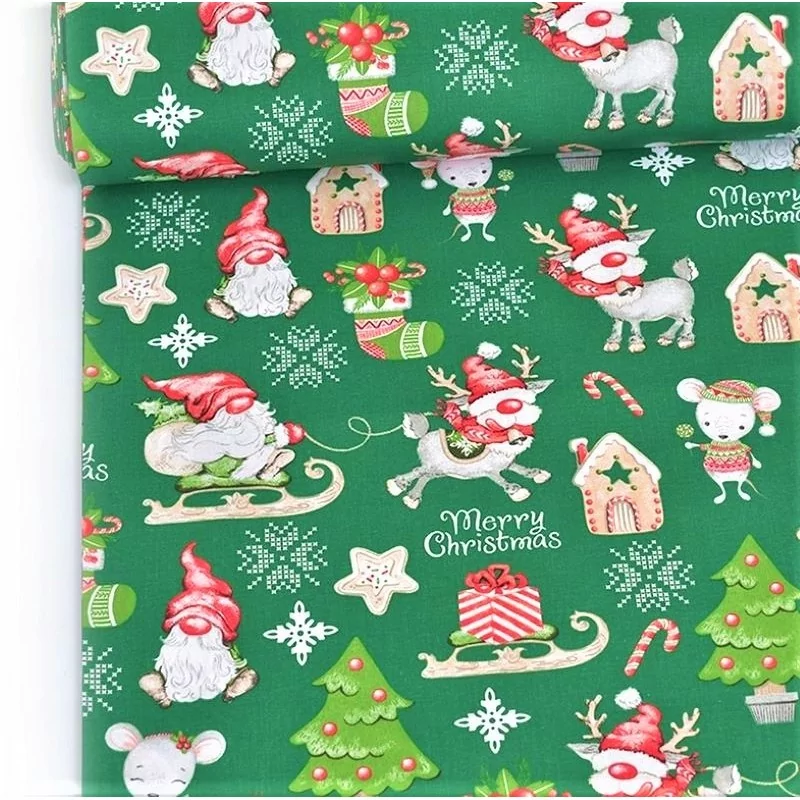 Tela de algodón con elfos navideños, renos y ratones sobre un fondo verde