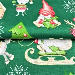 Elfos de Navidad de tela, Rennes y Ratón Fondo Verde | Telas Lobo