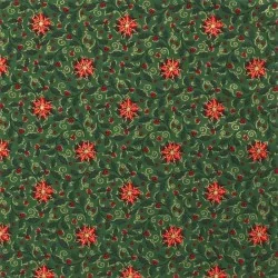 Tela Estrella de Navidad roja con ramas doradas Fondo verde | Telas Lobo