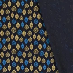 Tela Algodó de bolas de Navidad dorados Fondo azul marino | Telas Lobo