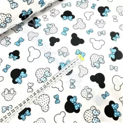 Tela de algodón Cabezas de Minnie Mouse lazo azul turquesa | Telas Lobo