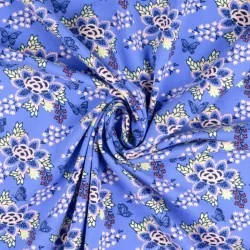 Tela jersey Flor y mariposa fondo azul brillante | Telas Lobo