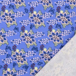 Tela jersey Flor y mariposa fondo azul brillante | Telas Lobo