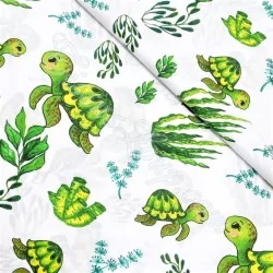 Tela de algodón estampado con tortugas marinas verdes y plantas | Telas Lobo