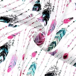 Tela de algodón de plumas y cuentas rosa y esmeralda | Telas Lobo