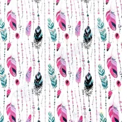 Tela de algodón de plumas y cuentas rosa y esmeralda | Telas Lobo