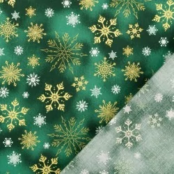 Tela Algodón de Copos de nieve dorados y blancos fondo verde | Telas Lobo