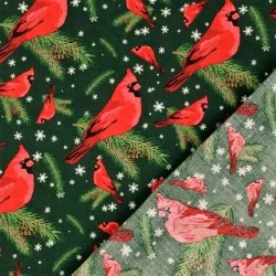 Tela Algodón de Pájaro de Navidad Robin fondo verde | Telas Lobo