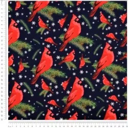 Tela Algodón de Pájaro de Navidad Robin fondo azul marino | Telas Lobo