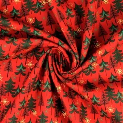 Tela Algodón de Árboles de Navidad y copos de nieve dorados Fondo Rojo | Telas Lobo