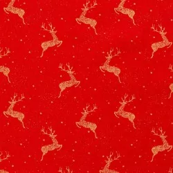 Tela de algodón Reno dorado de Navidad Fondo rojo  | Telas Lobo