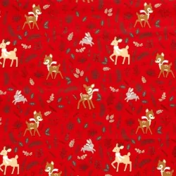 Tela de algodón Conejo Doe y Reno navideño fondo rojo | Telas Lobo