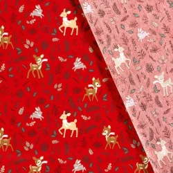 Tela de algodón Conejo Doe y Reno navideño fondo rojo | Telas Lobo