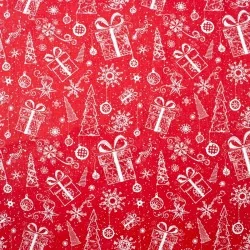 Tela de algodón de Regalos y árbol de Navidad Fondo rojo | Telas Lobo
