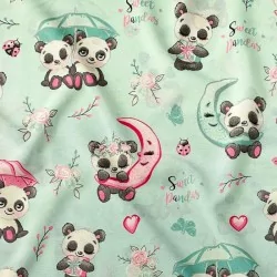 Tela de algodón Pandas enamorados fondo verde menta | Telas Lobo