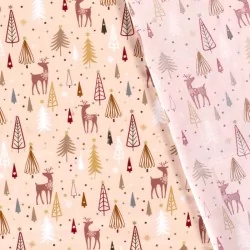 Tela de Algodón de Renos y abetos navideños sobre fondo rosa empolvado  | Telas Lobo