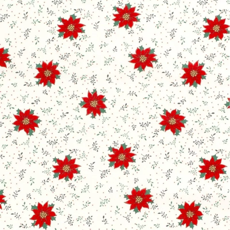 Tela de algodón Flor de estrella de Navidad roja fondo blanco | Telas Lobo