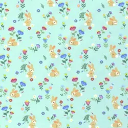 Tela Jersey algodón de Conejos y flores fondo turquesa claro | Telas Lobo