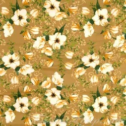 Tela de algodón Flores Blancas Philadelphus Fondo Mostaza | Telas Lobo