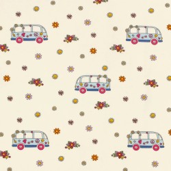 Tela Jersey algodón de VW Autobús Peace and Love y Flores | Telas Lobo