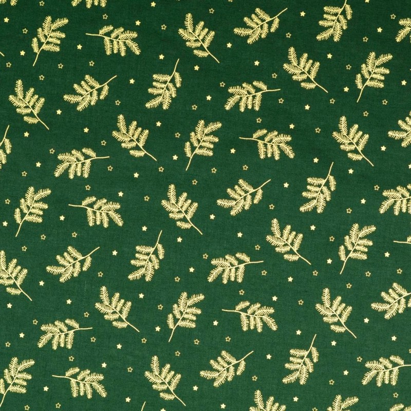 Tela de algodón de Ramas de Navidad Doradas Fondo Verde| Telas Lobo