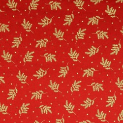 Tela de algodón de Ramas de Navidad Doradas Fondo Rojo | Telas Lobo