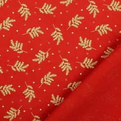 Tela de algodón de Ramas de Navidad Doradas Fondo Rojo | Telas Lobo