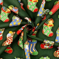 Tela de Algodón de Calcetines de Navidad Fondo Verde | Telas Lobo