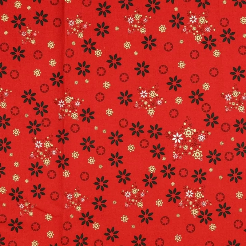 Tela Algodón de Navidad de Fantasía de Estrellas Doradas Fondo Rojo | Telas Lobo