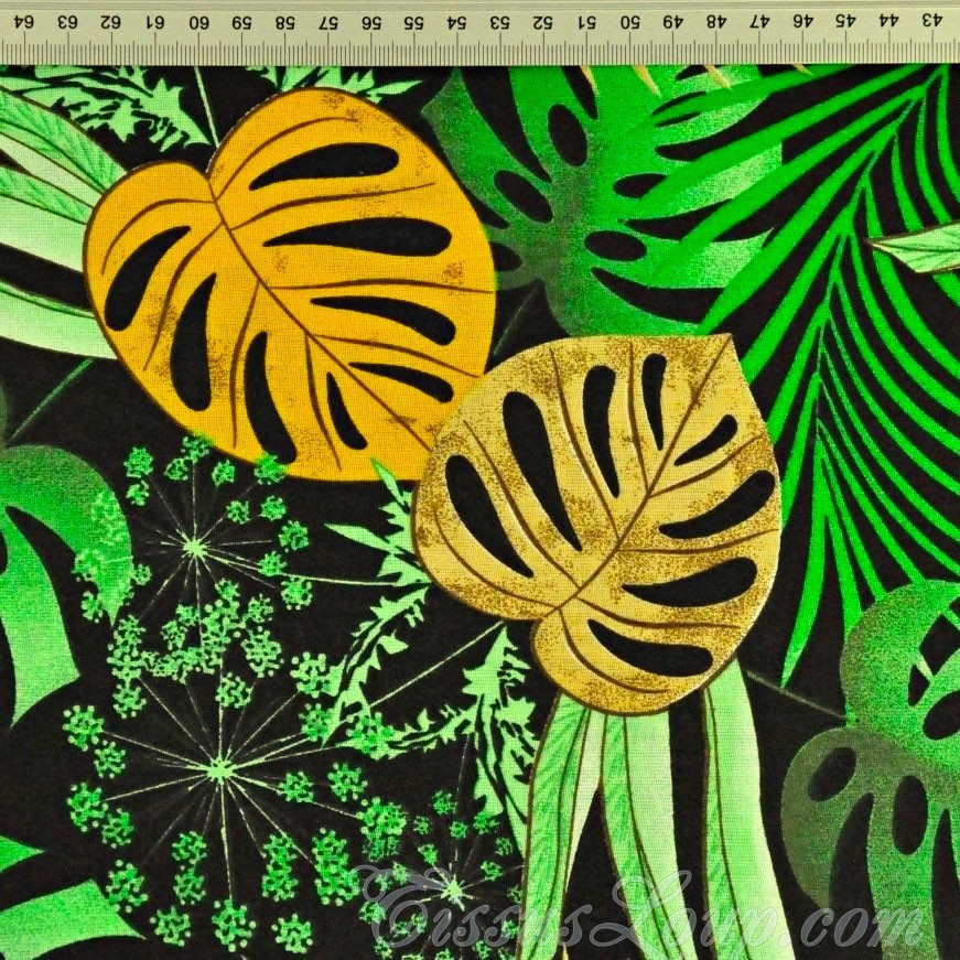 Tela de Hojas de Monstera y Palmera Fondo Negro — 2