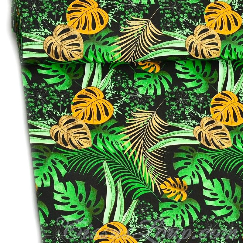 Tela de Hojas de Monstera y Palmera Fondo Negro — 1