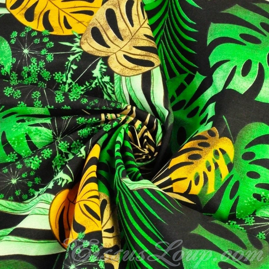 Tela de Hojas de Monstera y Palmera Fondo Negro — 3